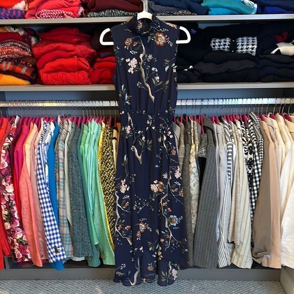 Nanette Lepore navy/pink floral elastic waistband hi low midi dress size 2 - Picture 1 of 3